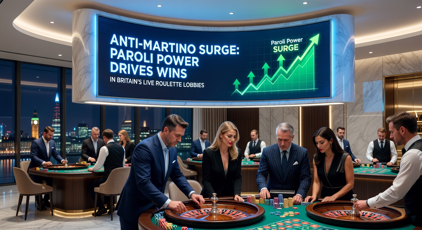 Close-up of a live dealer spinning the roulette wheel while a Paroli progression chart overlays showing doubled bets leading to a big payout