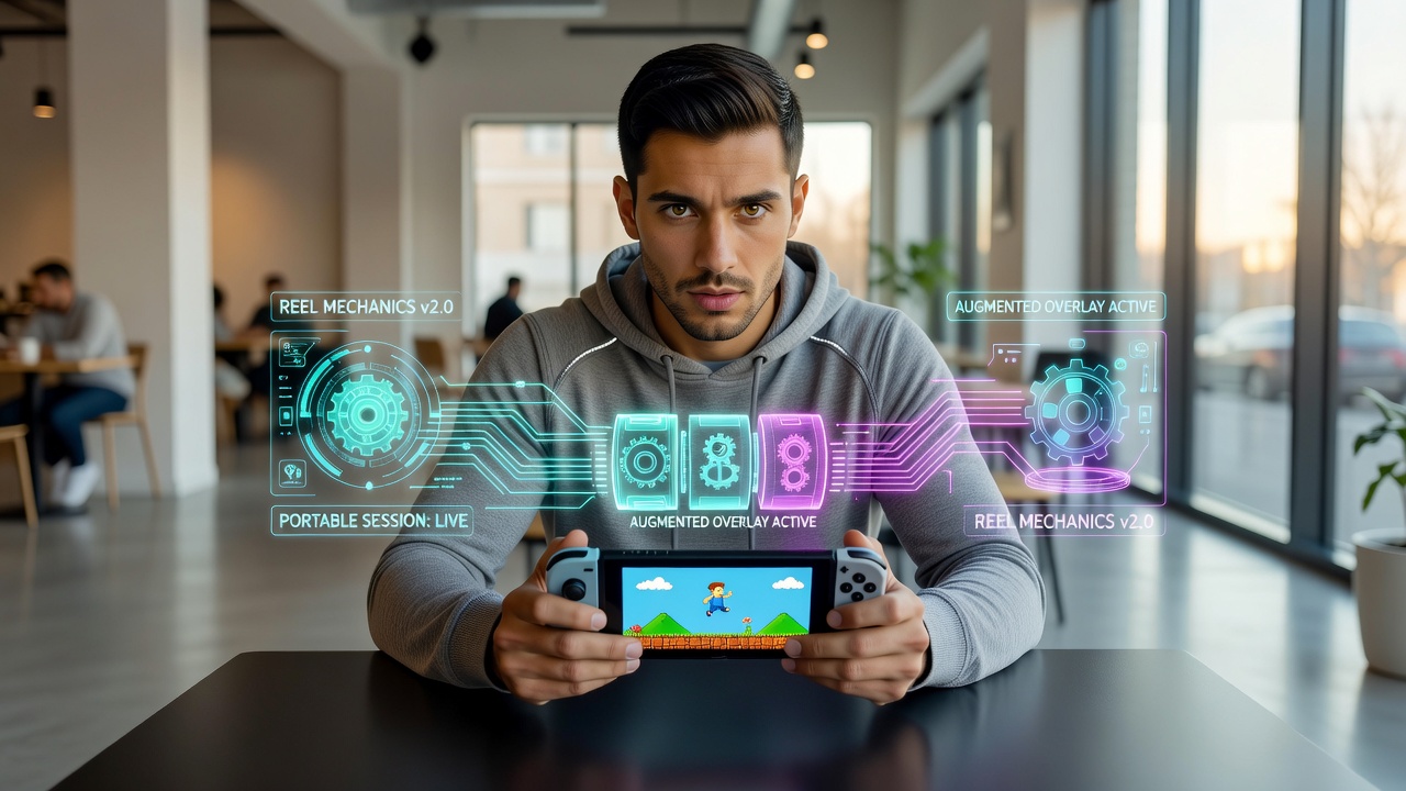 Close-up view of augmented overlays interacting with slot reels on a portable device