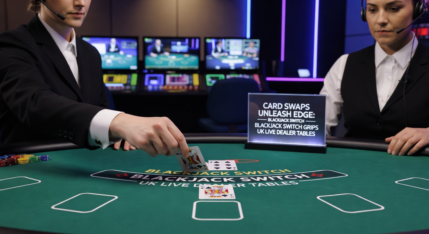 Close-up of a Blackjack Switch strategy chart on a tablet next to a live stream, highlighting optimal card swaps and house edge stats