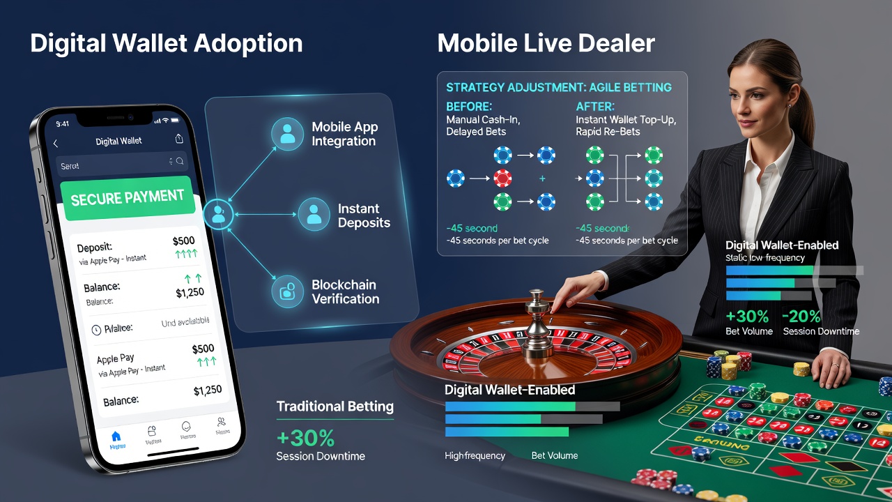 Live dealer roulette wheel with mobile interface overlay showing instant wallet balance update