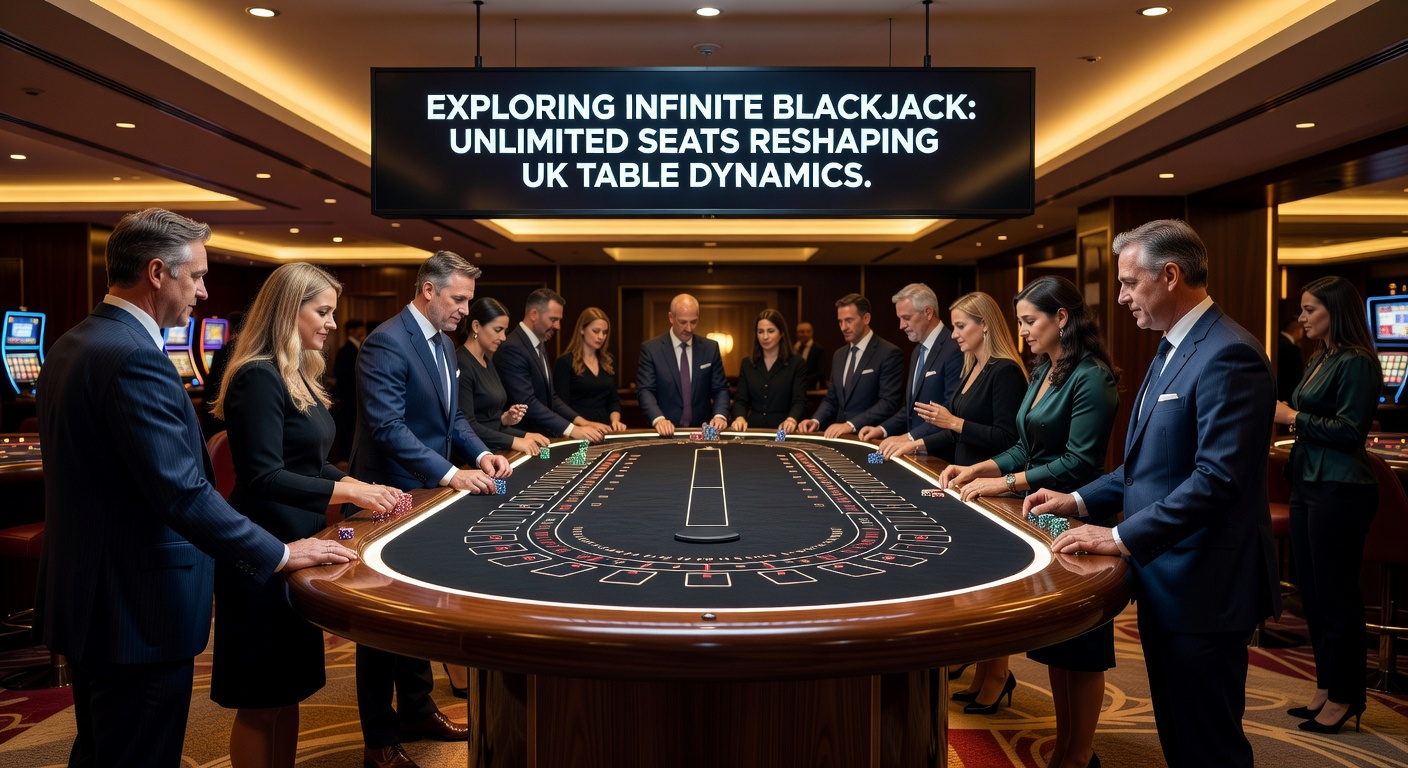 Close-up of a digital Infinite Blackjack interface displaying numerous player bet spots, chat bubbles, and a dealer's hand in progress, highlighting the unlimited seating innovation