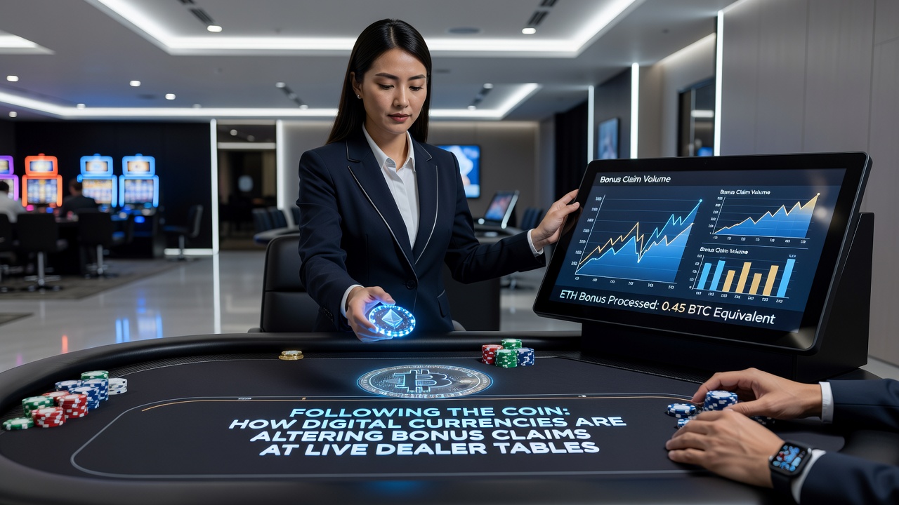 Live dealer table interface displaying cryptocurrency wallet integration and bonus tracking features