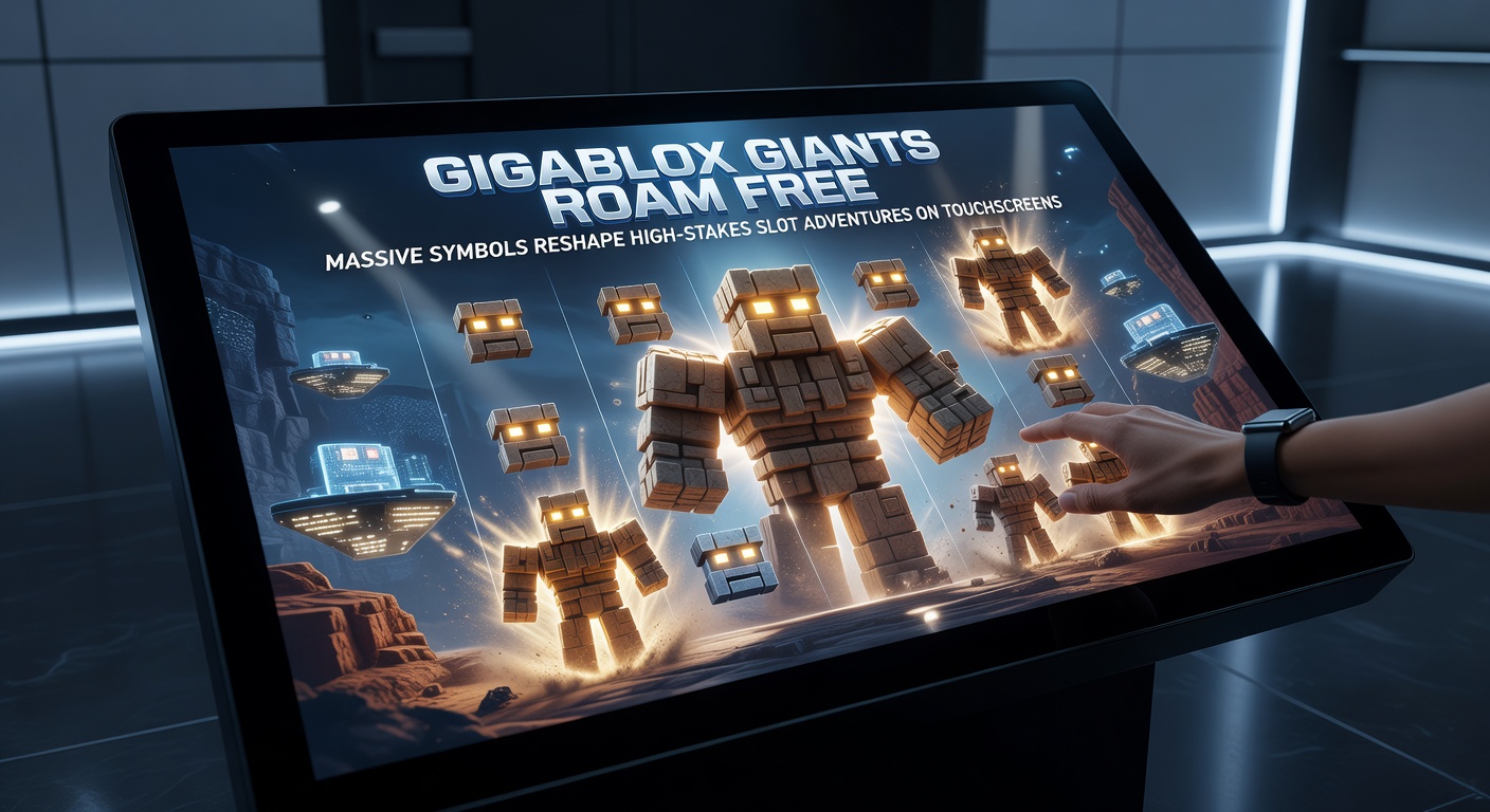 Close-up of a Gigablox symbol exploding into a massive win payout on a mobile slot interface, with cascading reels in motion