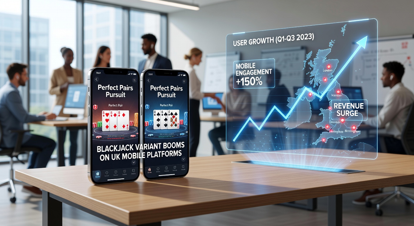 Close-up of a Perfect Pairs blackjack hand on a mobile device, featuring a perfect pair of suited aces with glowing payout animation and dealer cards visible