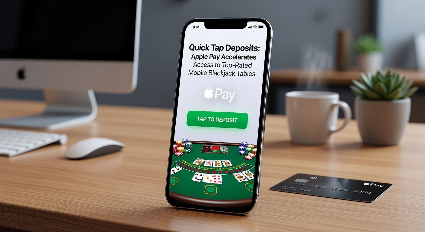 Close-up of a hand tapping an iPhone to complete an Apple Pay deposit, transitioning to a live blackjack dealer dealing cards on a mobile screen