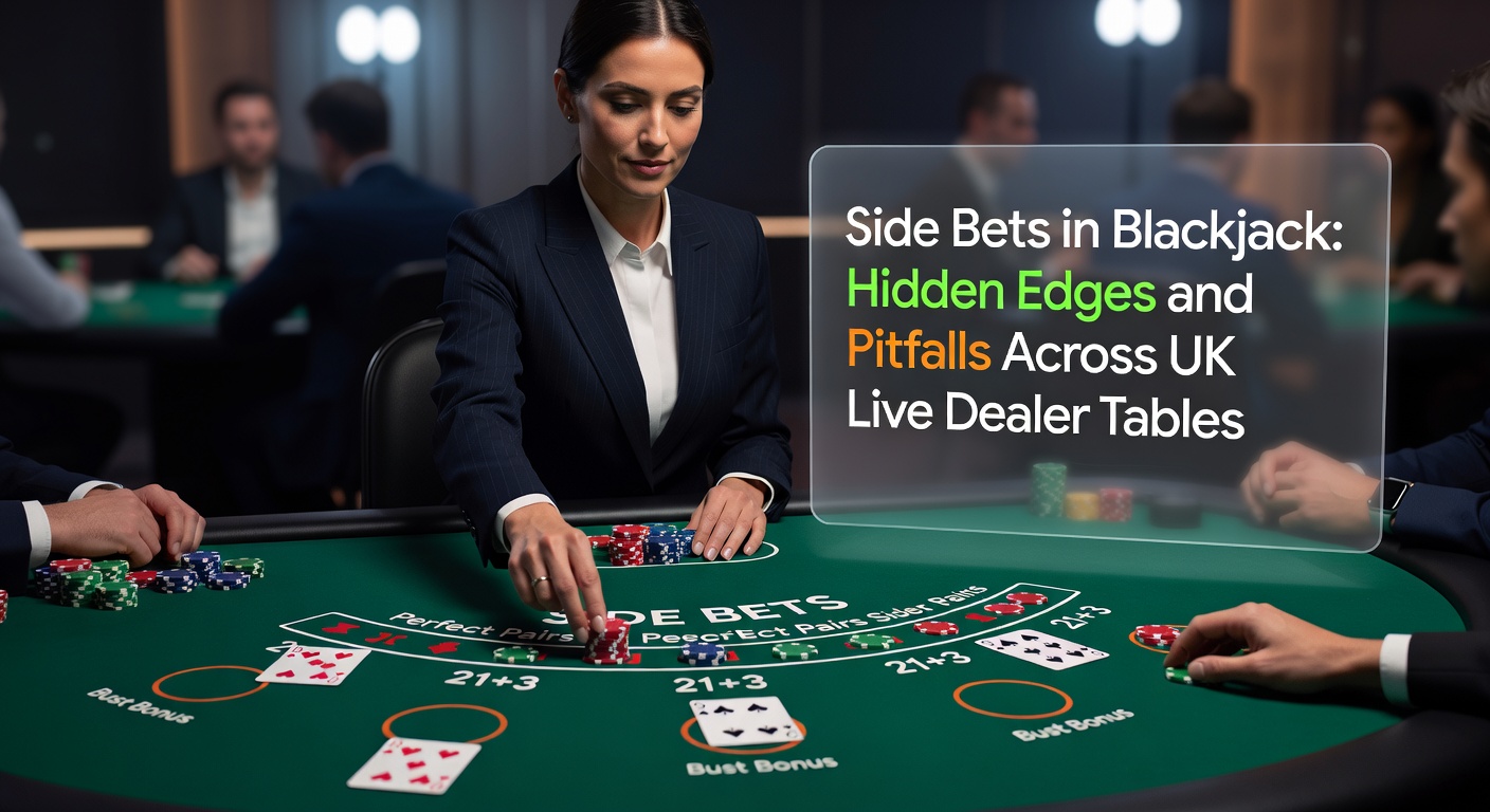 Close-up of a live dealer announcing side bet payouts on a UK blackjack table, with chips placed on Perfect Pairs and 21+3 options