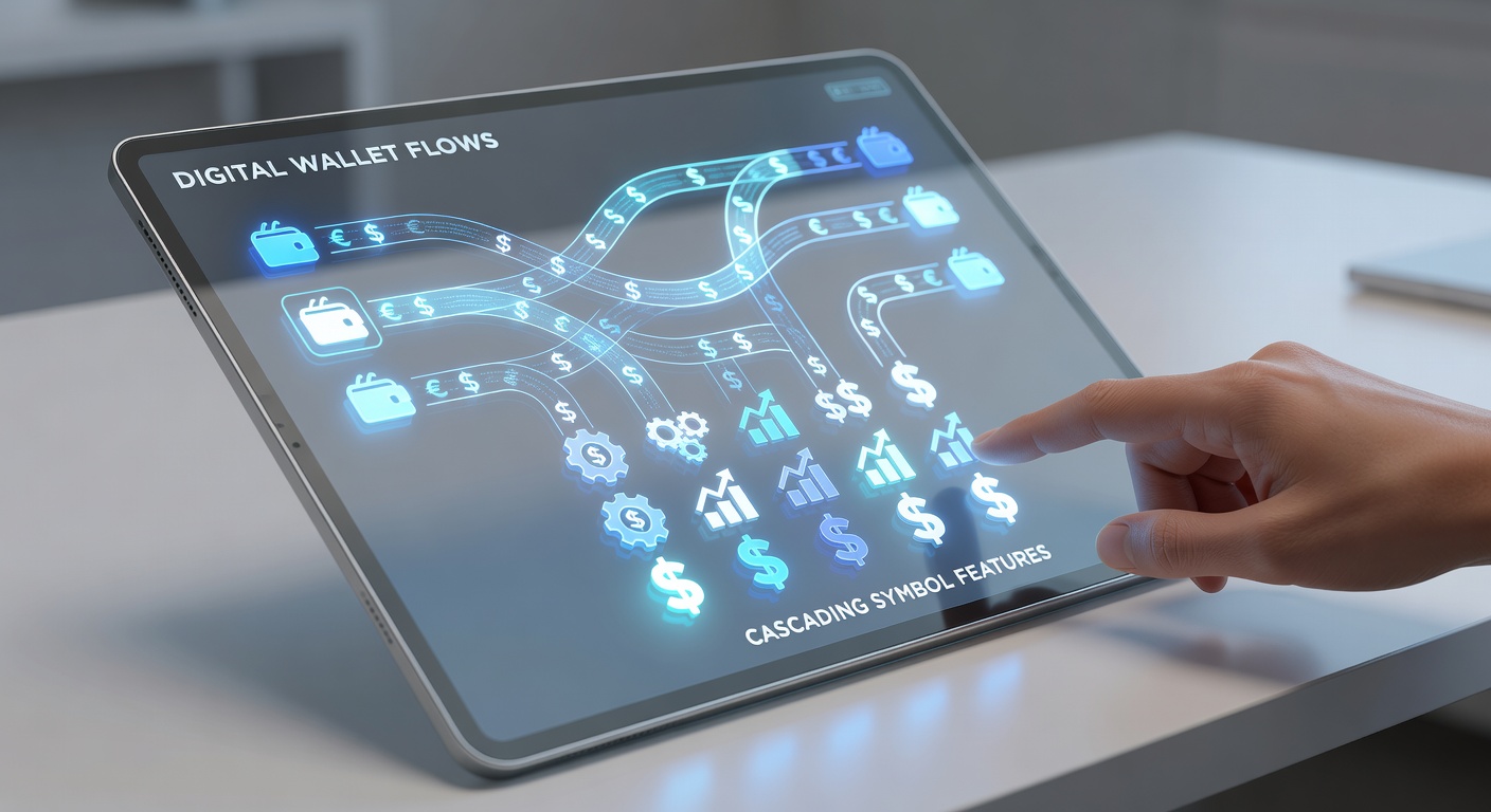 Flow diagram showing digital wallet transfers activating cascading symbols during mobile gameplay
