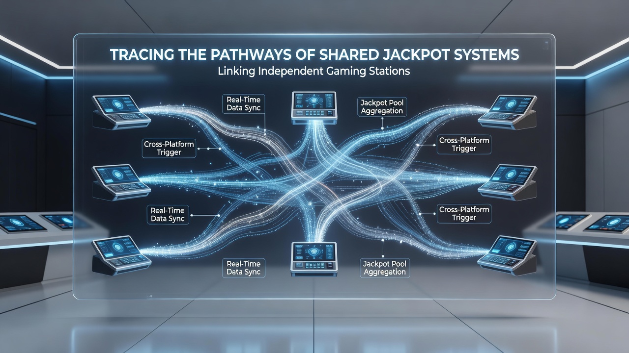 Casino floor with multiple independent gaming stations connected through a central jackpot management server