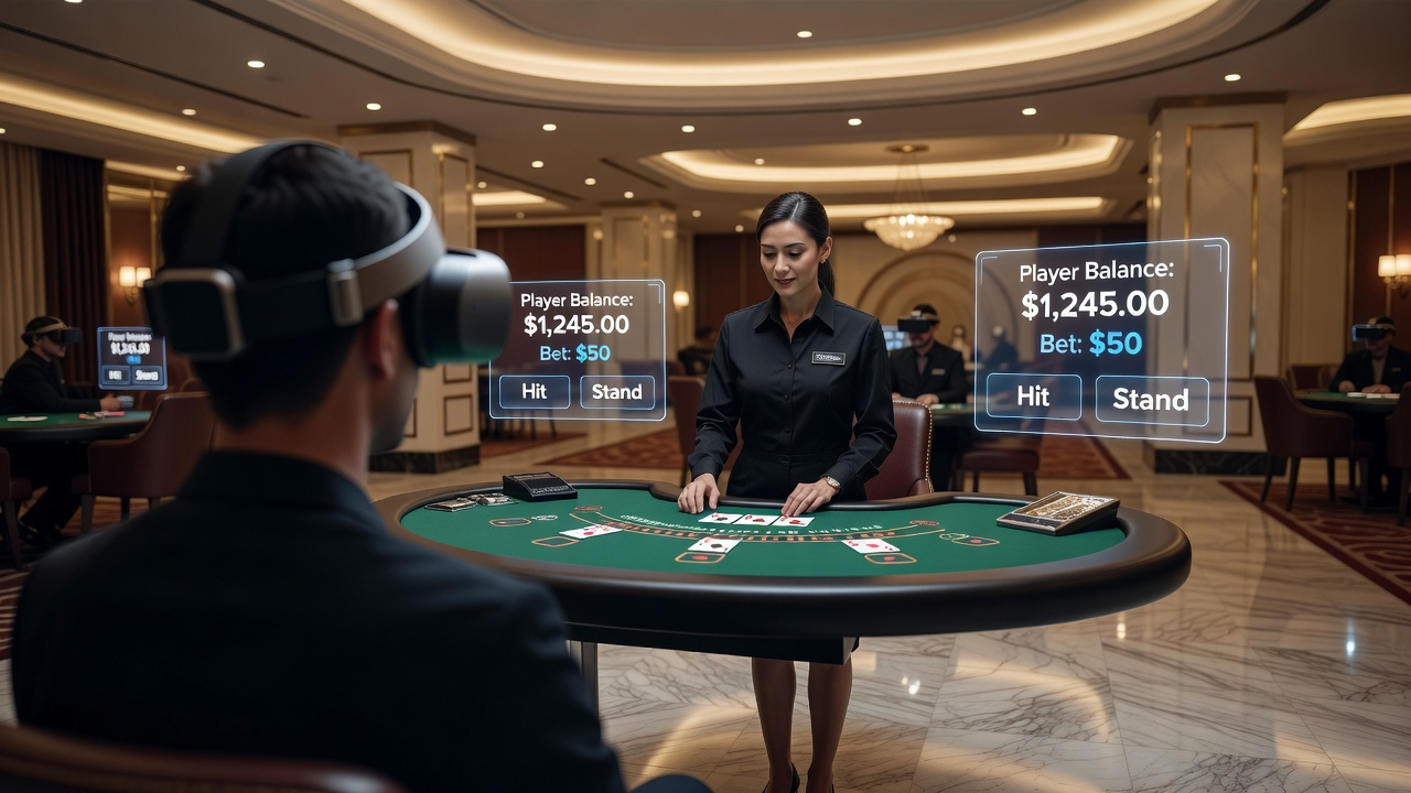 Multiple players interacting in a shared virtual reality live dealer lounge with real dealers visible on screens