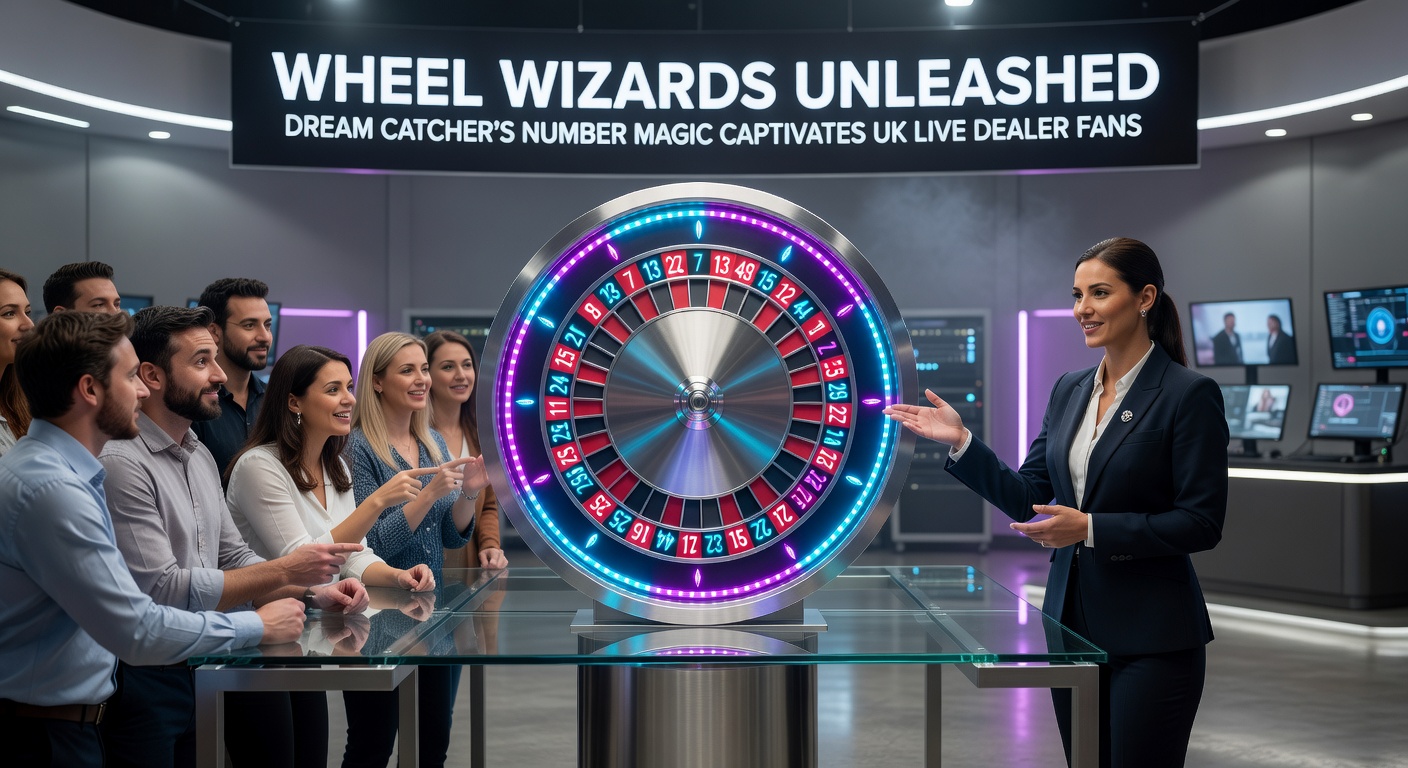 Close-up of a massive Dream Catcher wheel halting on a glowing multiplier segment, confetti effects celebrating a massive payout in a bustling live casino stream